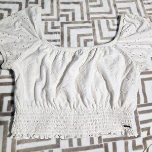 Hollister White Smocked Crop Blouse with Cap Sleeves